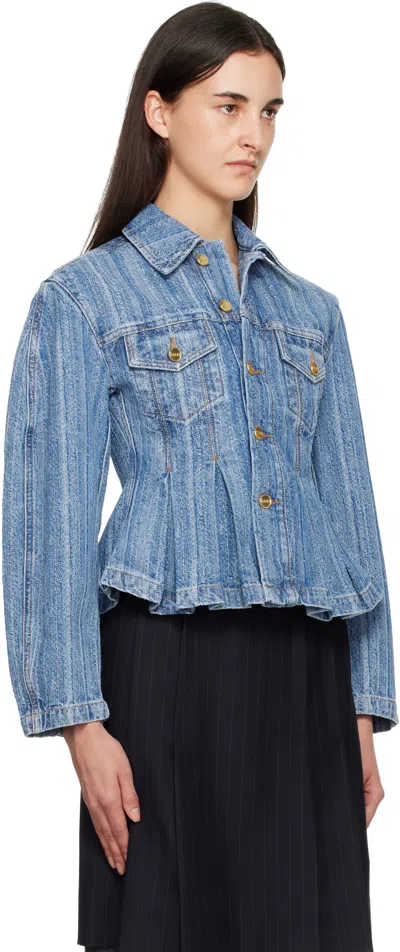 Ganni Striped Long Sleeve Collared Jacket In Blue