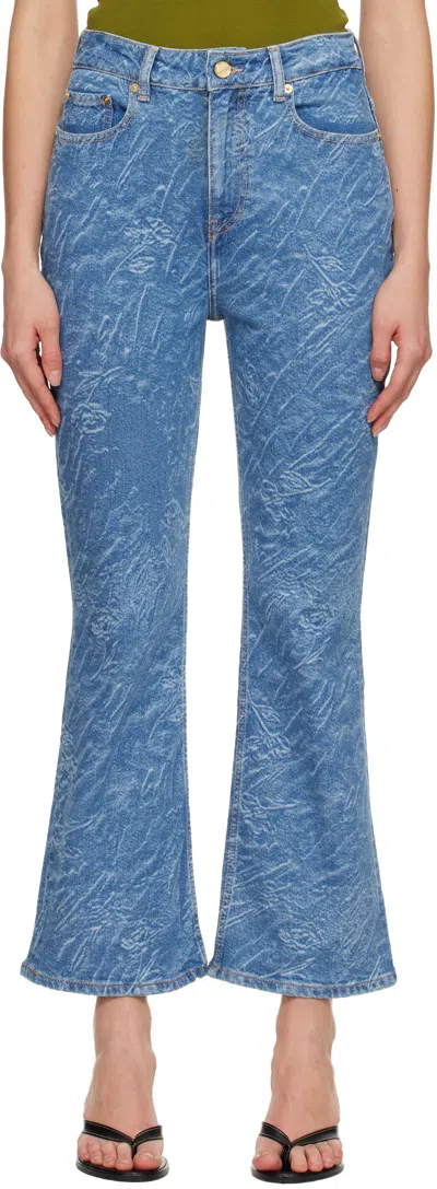 Ganni Blue Straight 3d Laser Betzy Cropped Jeans In Blue