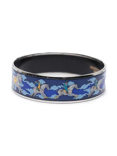 Pre-owned Hermes 2000-2020 Wide Enamel Horse Riding Motif Bangle Costume Bracelet In Blue