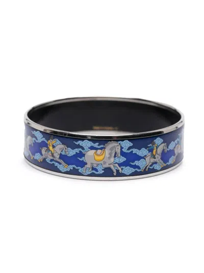 Pre-owned Hermes 2000-2020 Wide Enamel Horse Riding Motif Bangle Costume Bracelet In Blue