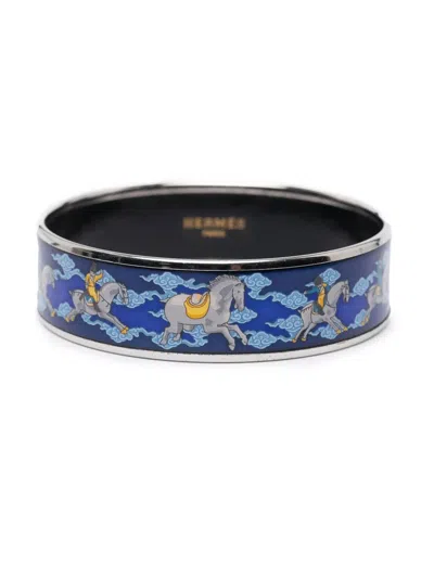 Pre-owned Hermes 2000-2020 Wide Enamel Horse Riding Motif Bangle Costume Bracelet In Blue