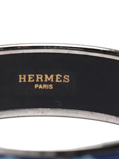 Pre-owned Hermes 2000-2020 Wide Enamel Horse Riding Motif Bangle Costume Bracelet In Blue