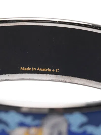 Pre-owned Hermes 2000-2020 Wide Enamel Horse Riding Motif Bangle Costume Bracelet In Blue