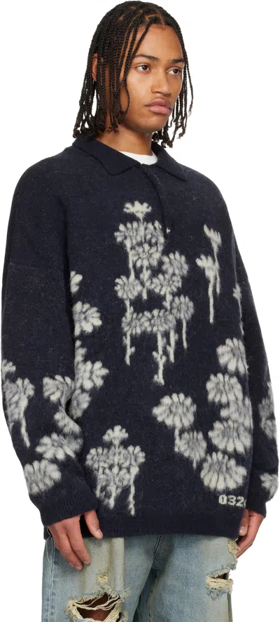 032c Navy Melting Daisies Knit Ls Polo In Blue