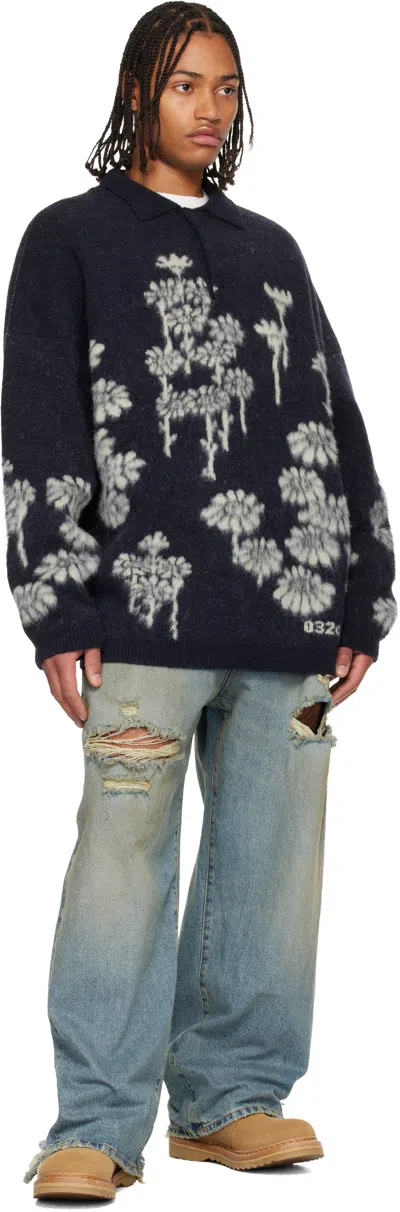 032c Navy Melting Daisies Knit Ls Polo In Blue