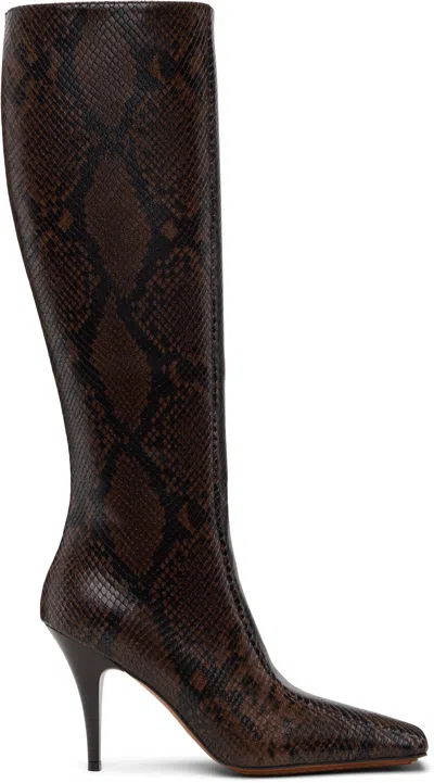 Stella Mccartney Knee-high Snake-effect Boots With Stiletto Heel And Squared Toe In Brown