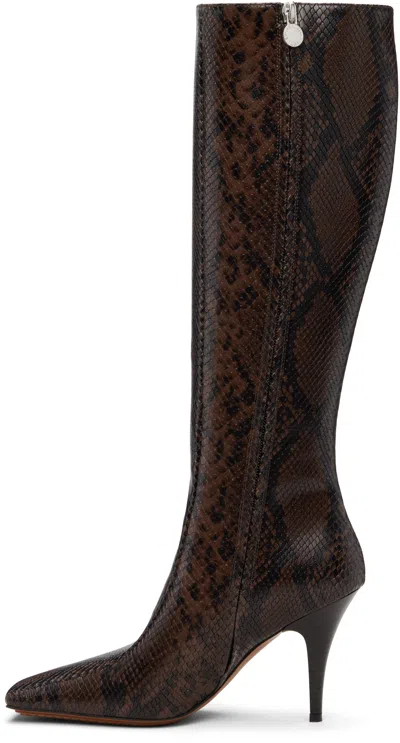 Stella Mccartney Knee-high Snake-effect Boots With Stiletto Heel And Squared Toe In Brown