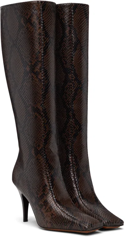 Stella Mccartney Knee-high Snake-effect Boots With Stiletto Heel And Squared Toe In Brown
