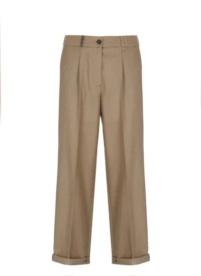 Peserico Wool Trousers Pleated Front Cuffed Hem In Brown