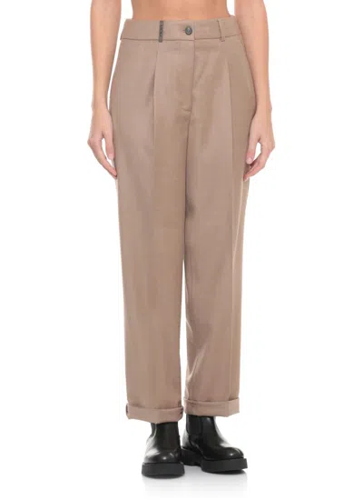Peserico Wool Trousers Pleated Front Cuffed Hem In Brown