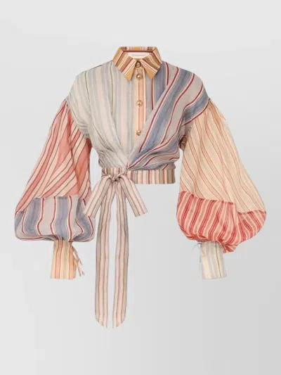 Zimmermann Striped Top With Balloon Sleeves And Tie Waist In Multi