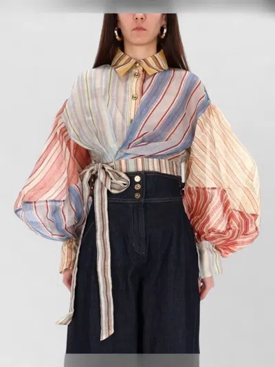 Zimmermann Striped Top With Balloon Sleeves And Tie Waist In Multi