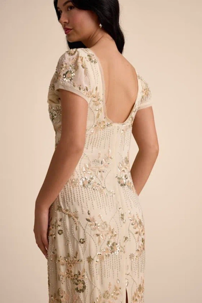 Lulus Angelila Beige Sequin Beaded Short Sleeve Midi Dress In Multi