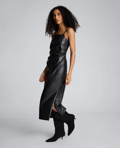 Kenneth Cole Faux Leather Pleated Waist Midi Dress In Multi