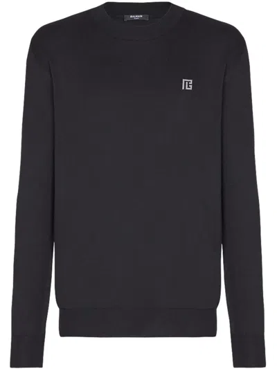 Balmain Long Sleeve Crew Neck Knit Sweater In Brown