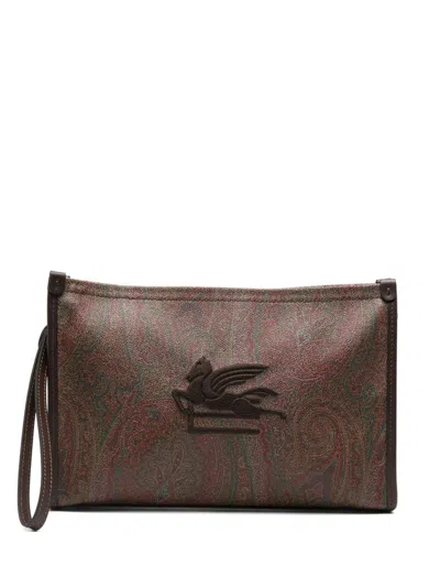 Etro Large Paisley Pouch With Pegaso Detail In Brown