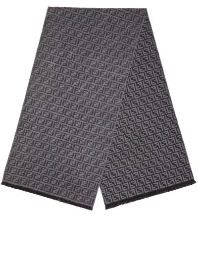 Fendi Monogram Pattern Rectangular Scarf Fringed Edges In Gray