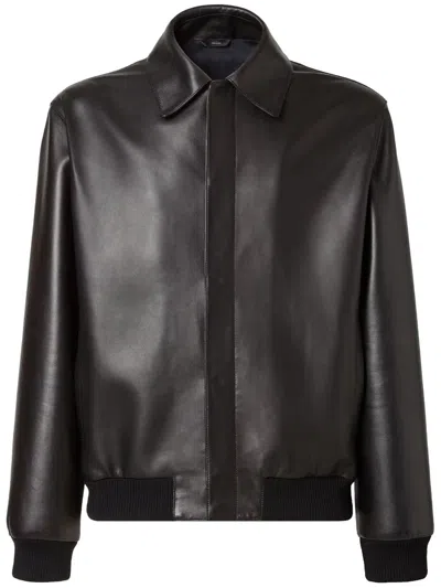 Fendi Pointed-collar Leather Jacket In Black