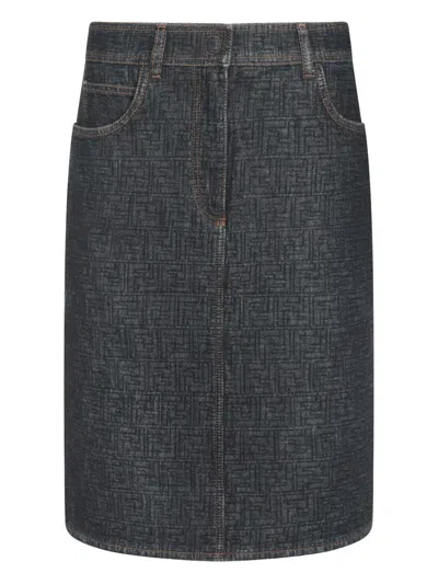 Fendi Flared Midi Denim Skirt With All-over Quilted Ff Motif Clothing In Multi