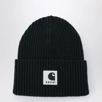 Sacai X Carhartt Wip Black Beanie With Logo Patch In Black