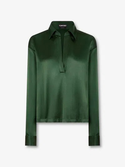 Tom Ford Stretch Silk Satin Polo With Tonal Tf Embroidered Logo Clothing In Green