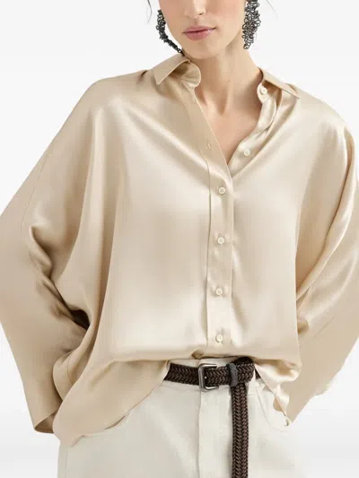 Brunello Cucinelli Stretch Silk Satin Shirt In Neutral