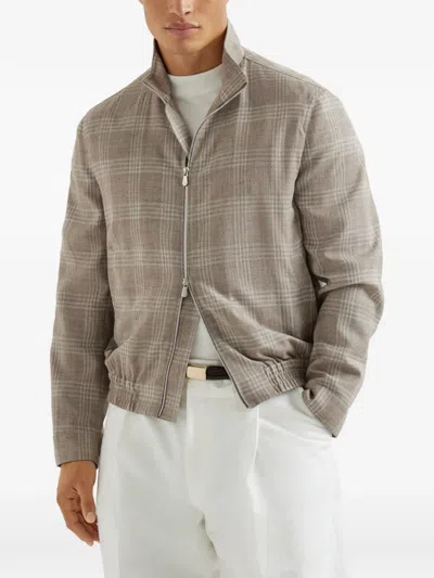 Brunello Cucinelli Tartan Stand Collar Jacket In Brown