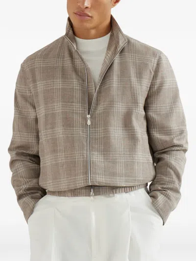 Brunello Cucinelli Tartan Stand Collar Jacket In Brown