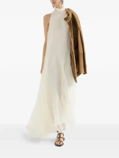 Brunello Cucinelli Crispy Silk Dress With Monili In White