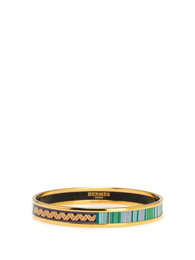 Pre-owned Hermes 20th Century Narrow Stripes And Pattern Enamel Bangle 65 Costume Bracelet In Gold