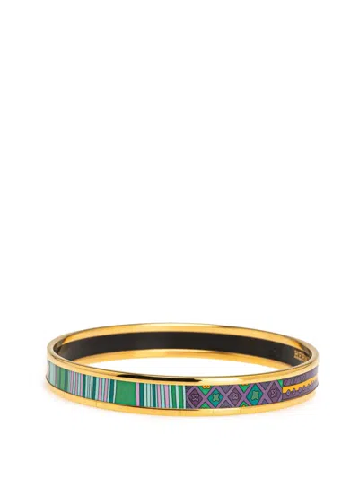 Pre-owned Hermes 20th Century Narrow Stripes And Pattern Enamel Bangle 65 Costume Bracelet In Gold