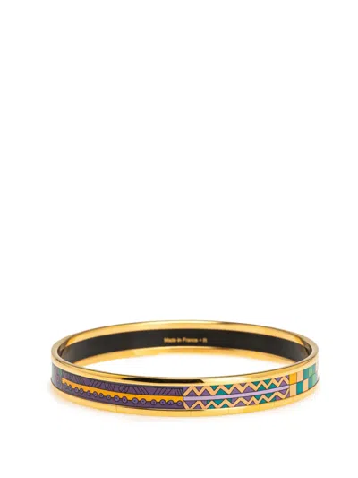 Pre-owned Hermes 20th Century Narrow Stripes And Pattern Enamel Bangle 65 Costume Bracelet In Gold