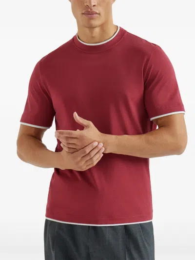 Brunello Cucinelli Coral Cotton Faux Layering T-shirt In Red