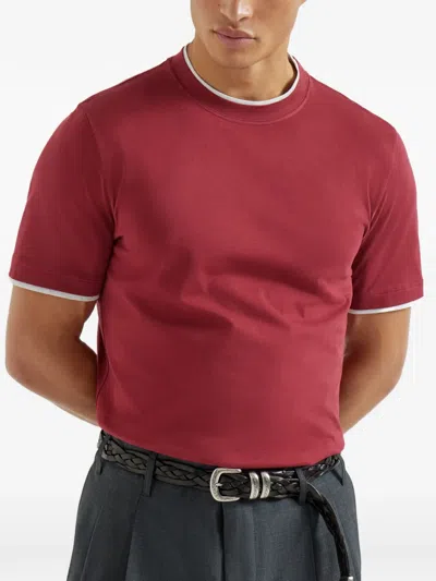 Brunello Cucinelli Coral Cotton Faux Layering T-shirt In Red