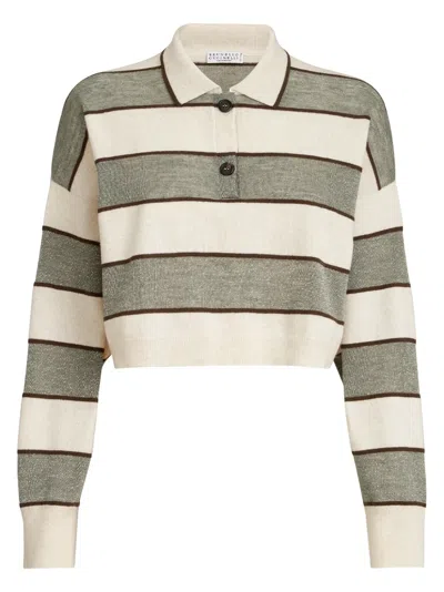 Brunello Cucinelli Cropped Knit Polo With Sparkling Stripes In Neutral