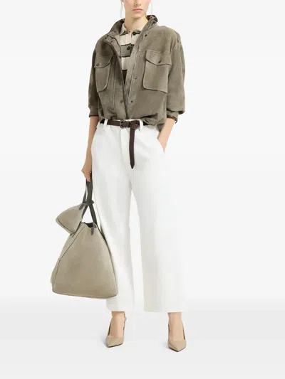 Brunello Cucinelli Cropped Knit Polo With Sparkling Stripes In Neutral