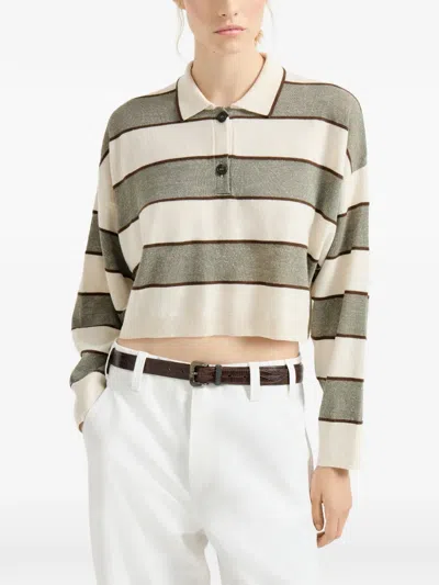 Brunello Cucinelli Cropped Knit Polo With Sparkling Stripes In Neutral