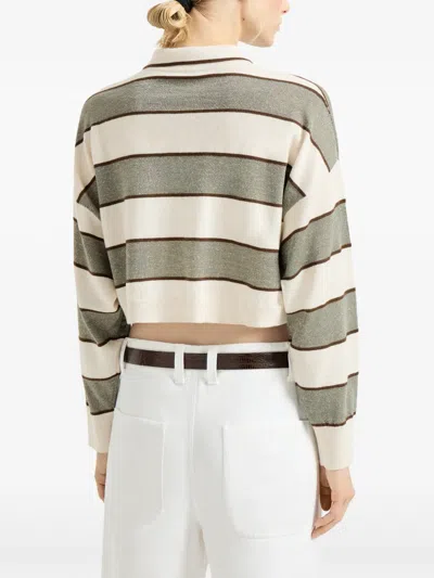 Brunello Cucinelli Cropped Knit Polo With Sparkling Stripes In Neutral