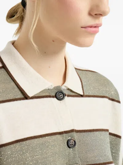 Brunello Cucinelli Cropped Knit Polo With Sparkling Stripes In Neutral