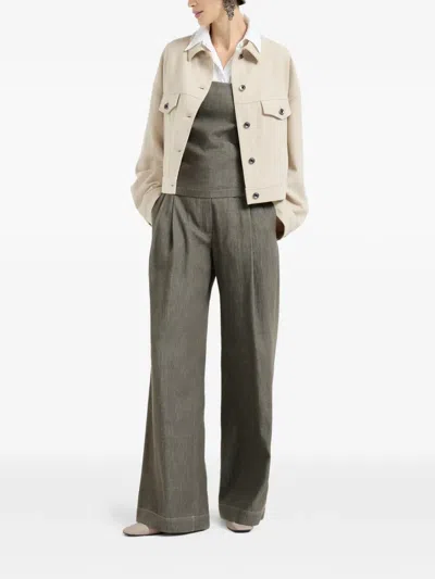 Brunello Cucinelli Denim-effect Pleated Trousers In Green