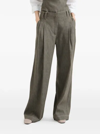 Brunello Cucinelli Denim-effect Pleated Trousers In Green
