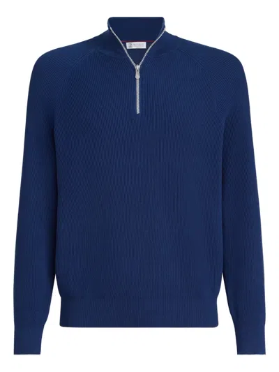 Brunello Cucinelli Blue Cashmere Blend Lightweight Half-zip Sweater