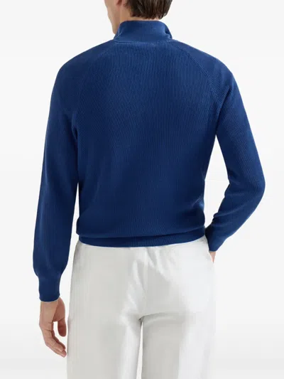 Brunello Cucinelli Blue Cashmere Blend Lightweight Half-zip Sweater
