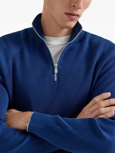 Brunello Cucinelli Blue Cashmere Blend Lightweight Half-zip Sweater
