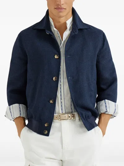 Brunello Cucinelli Button Hopsack Shirt Jacket In Blue