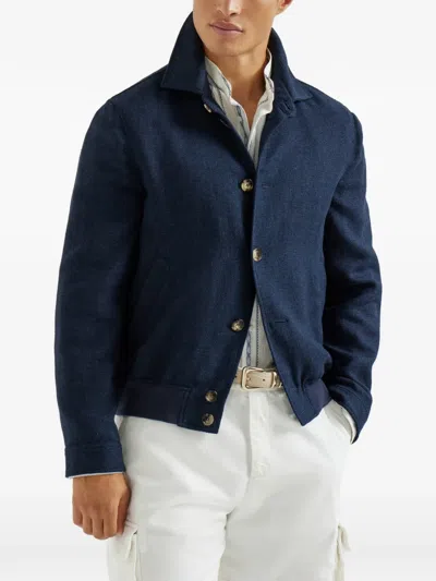Brunello Cucinelli Button Hopsack Shirt Jacket In Blue