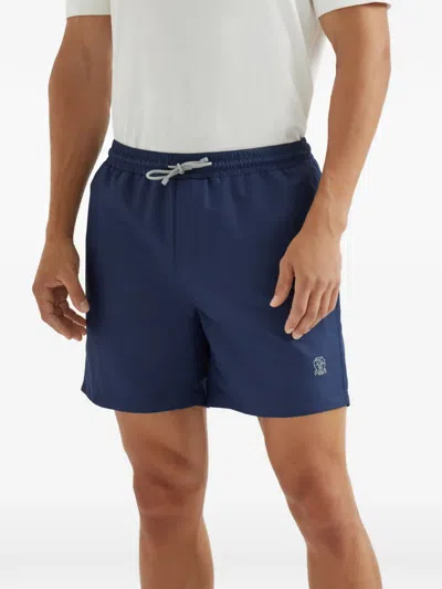 Brunello Cucinelli Straight-leg Mid-length Logo-embroidered Swim Shorts In Blue