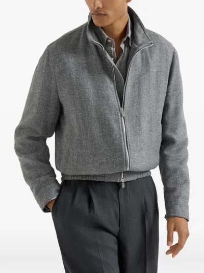 Brunello Cucinelli Stand Collar Hopsack Outerwear Jacket In Gray