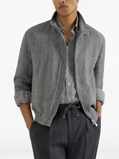 Brunello Cucinelli Stand Collar Hopsack Outerwear Jacket In Gray