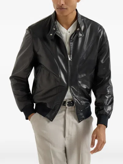 Brunello Cucinelli Men Shiny Nappa Leather Pilot Jacket In Black
